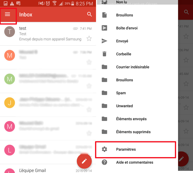 Gmail Android menu paramètres