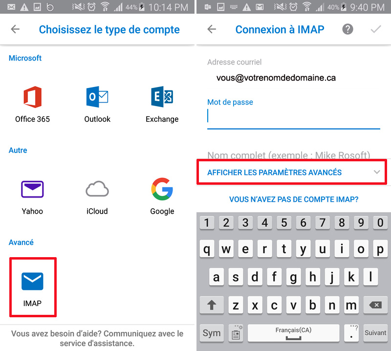 Android Outlook Paramètres avancés