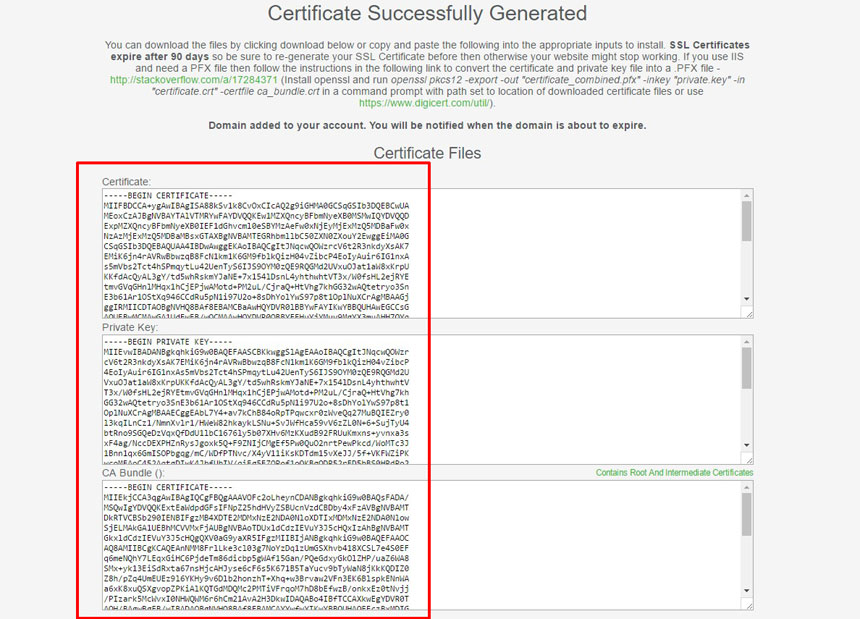 Codes générés du certificat