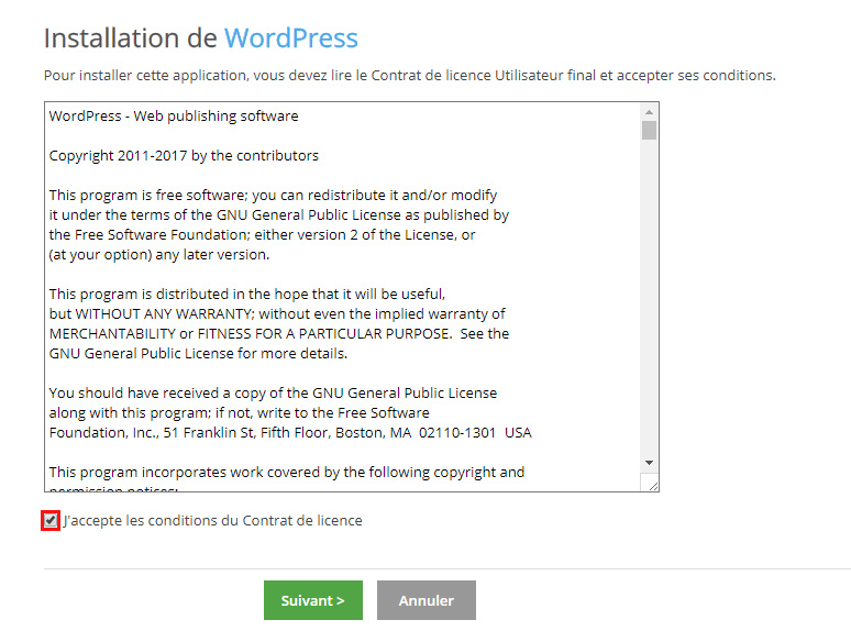 Conditions utilisation Wordpress