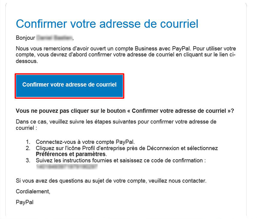 Confirmer adresse courriel PayPal