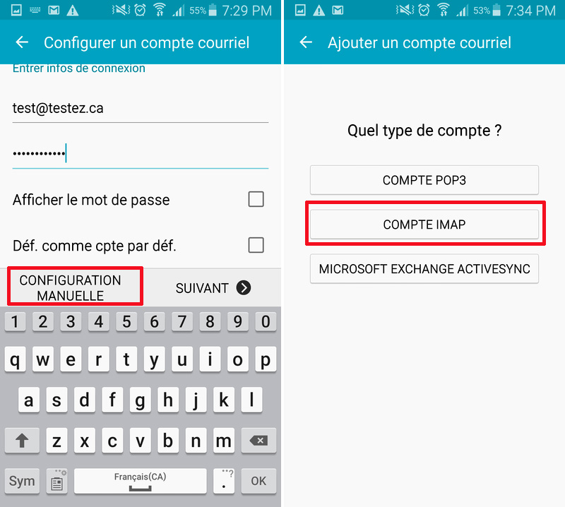 Courriel Android configuration manuelle