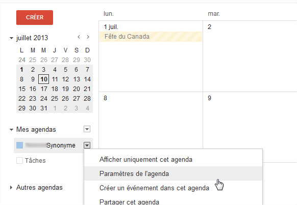Google calendrier paramètres