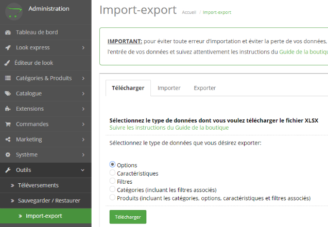 outils import-export de votresite.ca
