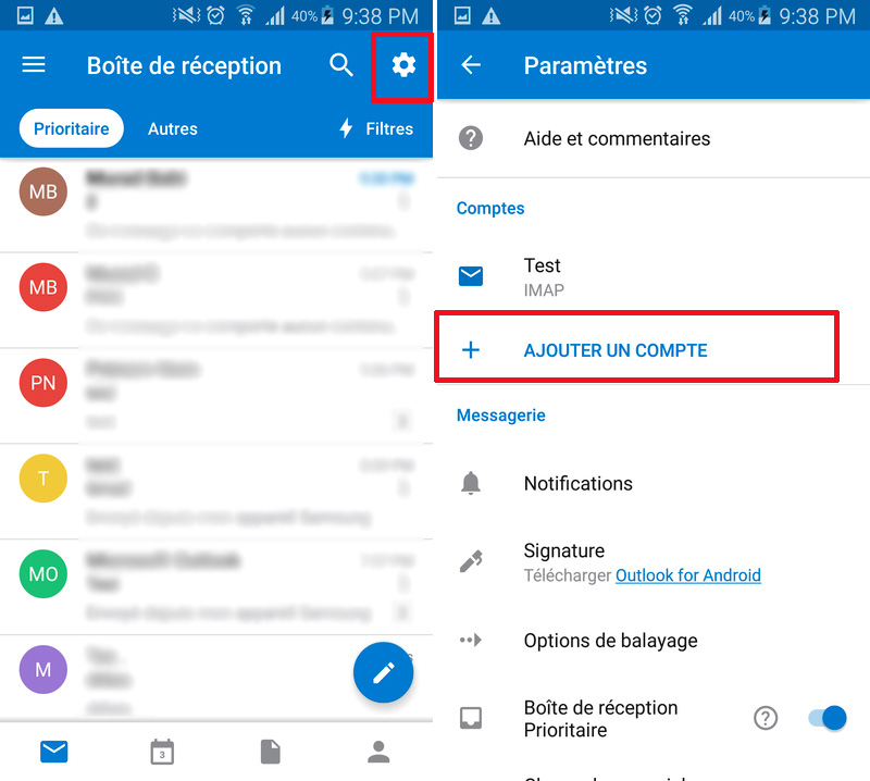 Android Outlook Réglages